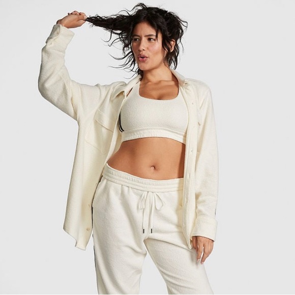 PINK by VS Reversed Fleece Buttoned Shacket in Color Cream Size Large 🆕 - Picture 2 of 6